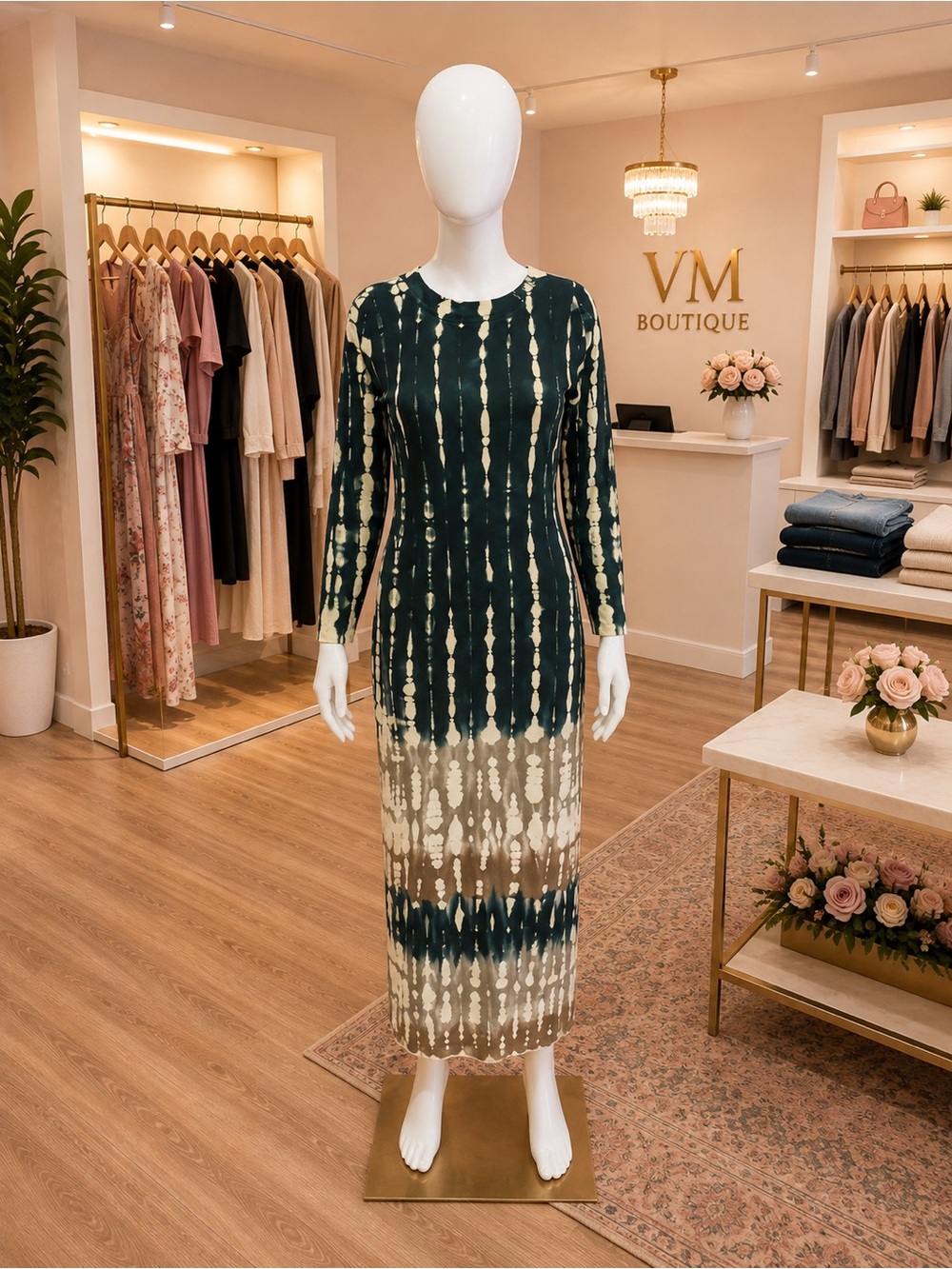 YFB Dark Green and Cream Tie-Dye Midi Dress